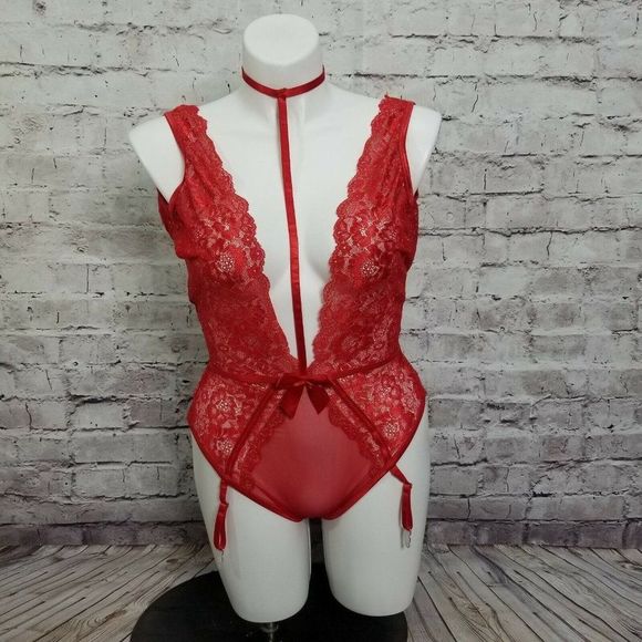 Shirley of Hollywood Red Lace Teddy XL Deep V Gartered Bodysuit Lingerie Collar - Picture 3 of 8